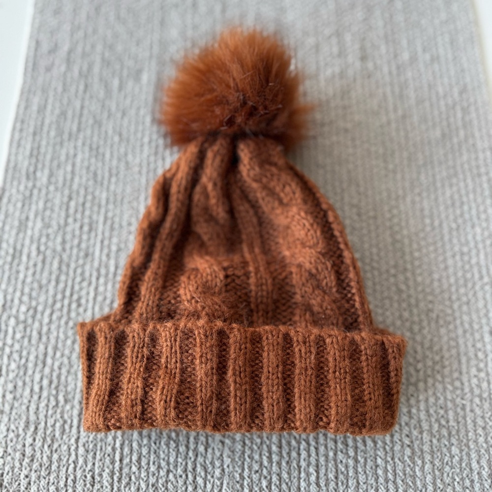 Cognac Brown Cable Knit Winter Hat with Faux Fur Pom Pom